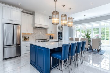 White and blue kitchen interior with island, Generative AI