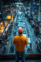 Factory manager,  A factory manager stands on the busy factory floor, intently reviewing production statistics on a tablet. Surrounded by active assembly lines, the environment is
