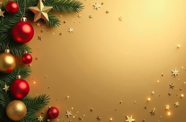 Top view of the background with gold and red Christmas ornaments and sparkling stars in the top left corner and space for text