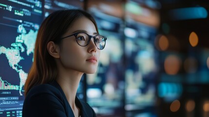 Obraz premium Businesswoman examining global e-commerce trends across multiple displays, digital retail insights, international market expansion strategies