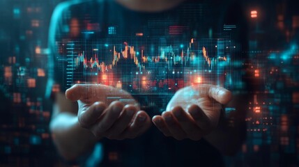 Digital Retail Growth, hands interacting with a digital storefront, stock charts rising, merging physical and digital retail experiences