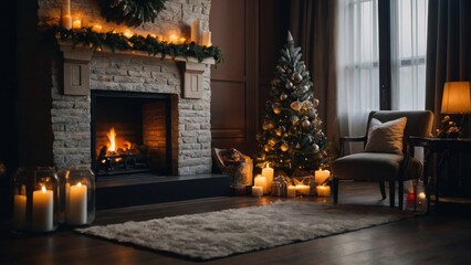 A tranquil escape featuring a warm fireplace and a sparkling Christmas tree to celebrate the season