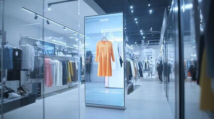 Smart mirror technology in retail showcasing virtual outfits, enhancing shopping experience with interactive digital displays, modern clothing store innovation