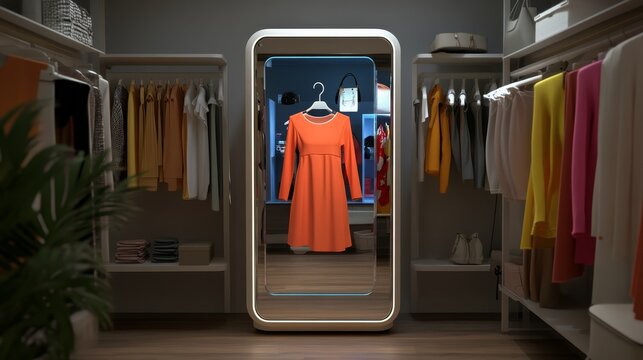 Smart mirror showcasing virtual outfits in a clothing store, enhancing shopping experience with innovative technology, interactive retail solution