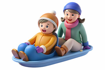 Fototapeta premium Joyful Mother and Child Sledding Down a Snowy Hill - Heartwarming Flat Vector Illustration of Candid Winter Moments