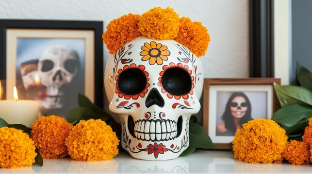 Candlelit ofrenda display featuring a beautifully decorated Calavera skull, lush marigold flowers