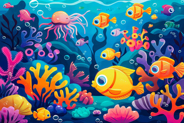 Fototapeta premium Underwater scene with fishes and coral reef. Cartoon vector illustration, An underwater scene filled with cute, smiling sea creatures and corals in vibrant colors