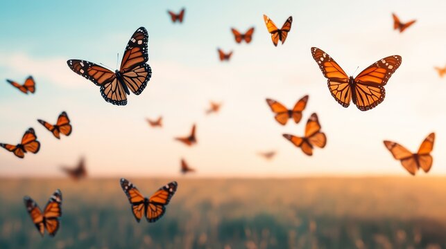 Fototapeta A swarm of monarch butterflies flying across a vast open field during their migration