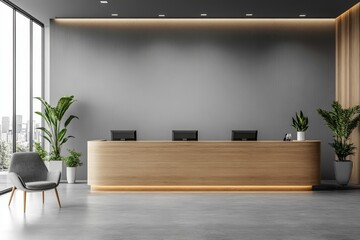 Gray and wooden bank interior with teller counters and blank wall, Generative AI