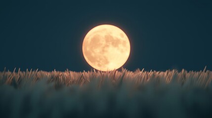 Fototapeta premium A luminous full moon rises over a serene field, casting a gentle glow on the landscape, creating a peaceful nighttime ambiance.