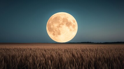 Fototapeta premium A majestic full moon rises over a tranquil wheat field under a clear night sky, casting a serene glow across the landscape.