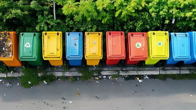 Different colored garbage bins standing in a row near a green area, promoting waste sorting and recycling for environmental sustainability