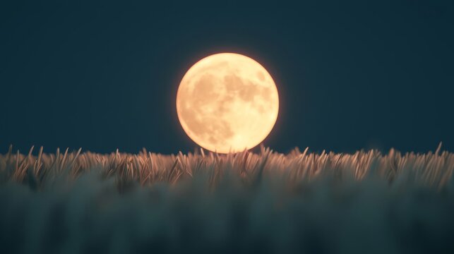 A luminous full moon rises over a serene field, casting a gentle glow on the landscape, creating a peaceful nighttime ambiance.