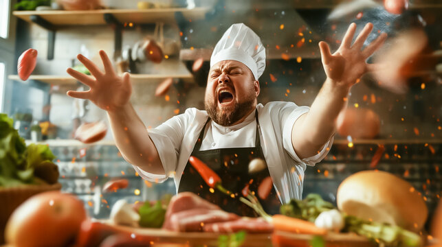 A chef enthusiastically throws fresh ingredients into the air, showcasing his passion for cooking in a lively kitchen filled with colorful vegetables and meats