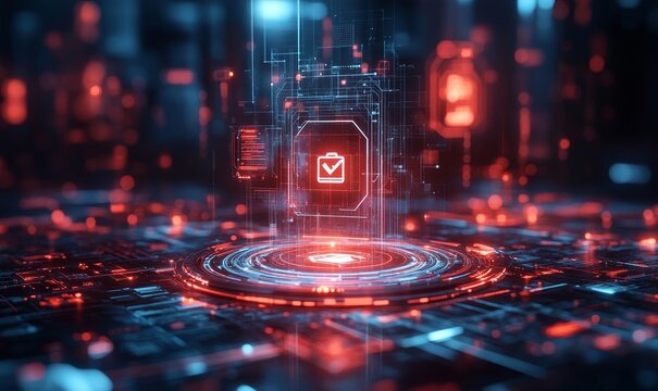 Glowing risk management hologram with safety icons and indicators, Generative AI