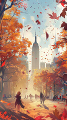 Fototapeta premium 4K Fantasy Cityscape: Serene New York Park, Joyful People, Kids Playing, Autumn Leaves in Vibrant Colors, Anime-Style Cozy Vibe, Detailed Anime Art Wallpaper