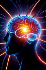 Obraz premium An abstract image of a glowing brain with lightning, representing the reprogramming of thoughts and the energy of belief.
