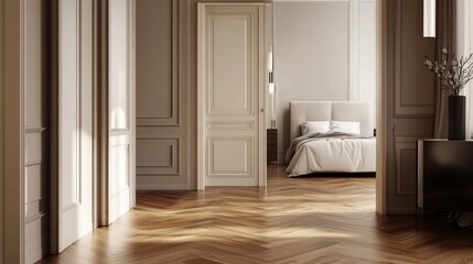 A beautifully designed bedroom with sleek wooden flooring, an elegant wardrobe, and a modern entrance, offering a luxurious, cozy atmosphere
