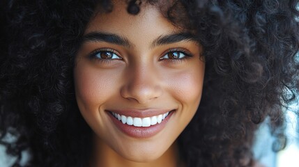 A close-up shot of a young woman with big, expressive eyes and a warm smile, framed by her curly hair.