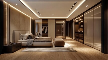 A modern, elegant bedroom featuring polished wooden floors, a spacious wardrobe, and a minimalist entrance, evoking a sense of luxury