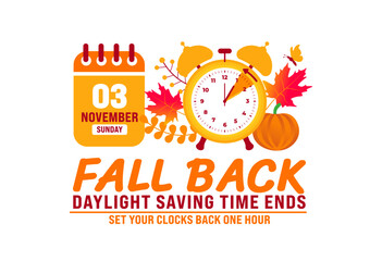 Fall Back daylight saving time ends 2024 background or banner design template. Fall Back Time 2024 is observed every year in November. Set Your Clock Back One Hour banner with clock.