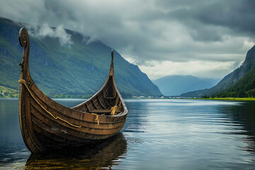 Viking Boat on Misty Lake with Mountain View