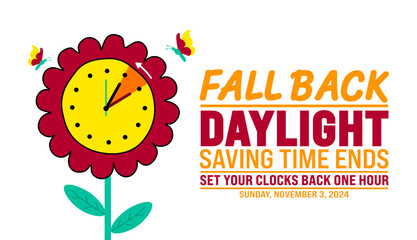 Fall Back daylight saving time ends 2024 background or banner design template. Fall Back Time 2024 is observed every year in November. Set Your Clock Back One Hour banner with clock.