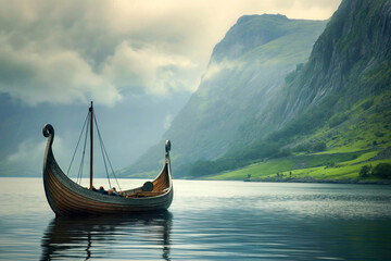 Viking Boat on Misty Lake with Mountain View
