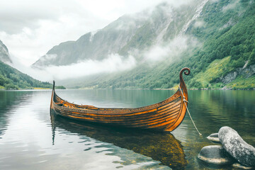 Viking Boat on Misty Lake with Mountain View