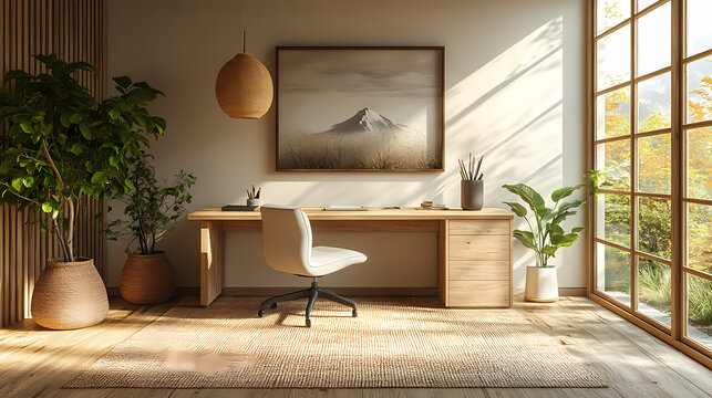 A minimalist Feng Shui office desk in a peaceful home