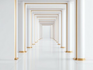 A serene corridor showcasing elegant white columns with golden accents that leads to an inviting light-filled space.
