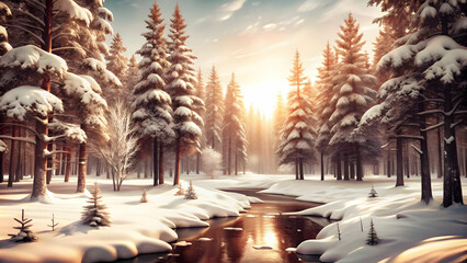 Serene Flat Glossy Winter Forest Illustration with Snow-Covered Trees and Ample Clear Copy Space for Seasonal Promotions