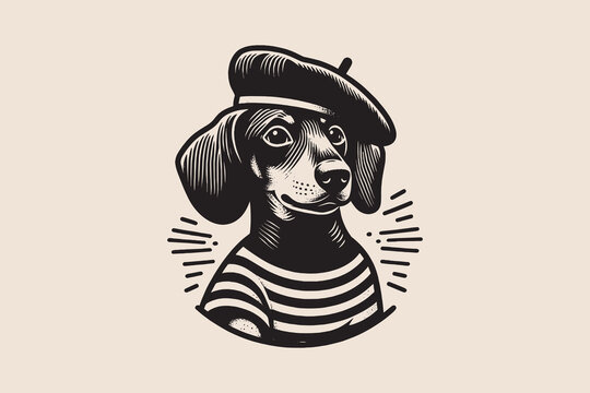 French dachshund in a beret and a striped T-shirt. Vintage engraving vector illustration, emblem, logo, cut out	