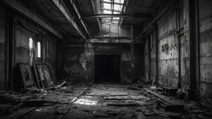 Obraz premium Abandoned and dilapidated industrial interior with large open doorway, concrete floors, and high ceiling with exposed beams and skylights