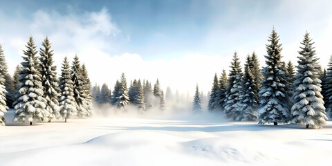 3D Icon of a Serene Snowy Forest with Rising Mist � Atmospheric Winter Background with Ample Copy Space for Text � Mysterious & Calm Foggy Landscape