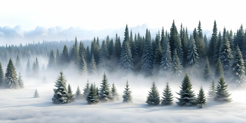 Obraz premium 3D Plain Snowy Forest with Rising Mist and Foggy Landscape - Atmospheric Winter Scene Design with Copy Space for Text