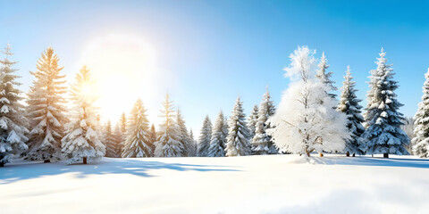 Fototapeta premium Serene Flat Glossy Winter Forest with Snow-Covered Trees: Perfect Background for Text in Winter Promotions