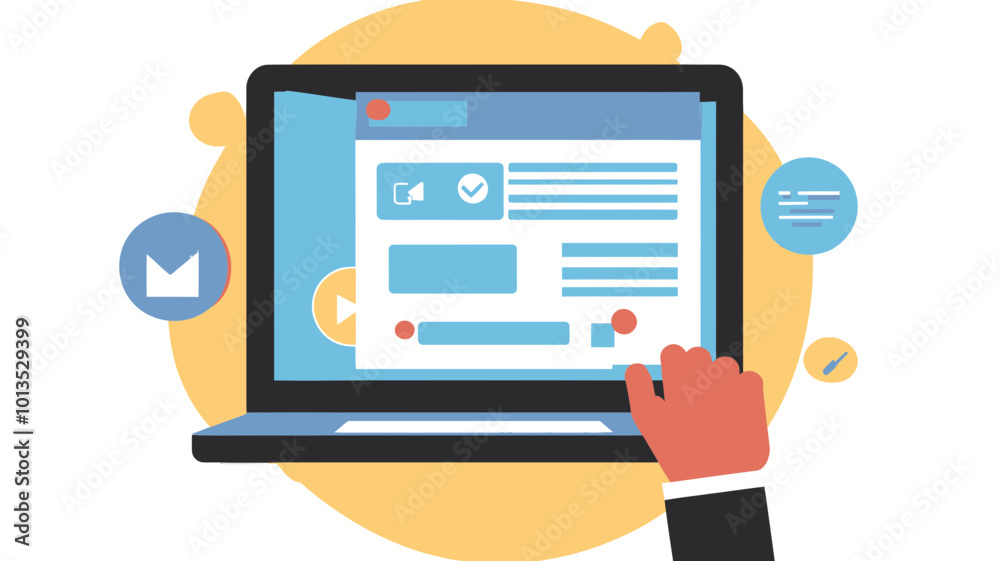 Poster flat design of microblogging on laptop screen with user interaction for digital communication and co
