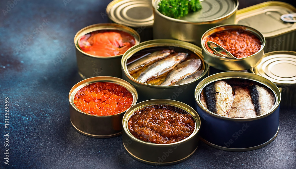 Wall mural Open tin cans with different types of seafood, sardine fish and red caviar.