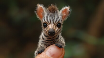 Obraz premium Realistic Tiny Baby Zebra Sitting on Finger