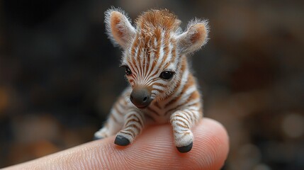 Obraz premium Tiny Baby Zebra Sitting on a Human Finger