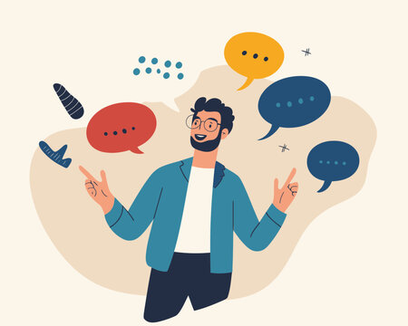 Confident Businessman Engaging in Public Speaking with Multiple Speech Bubbles in Minimalist Vector Style