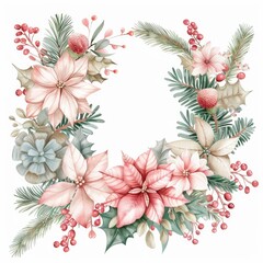 Beautiful floral wreath design featuring pastel poinsettias, pine, and berries, perfect for festive decorations and seasonal inspirations.