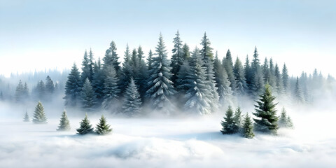 3D Plain Snowy Forest with Rising Mist: Atmospheric Winter Background with Ample Copy Space, Mysterious Foggy Landscape for Text Overlay