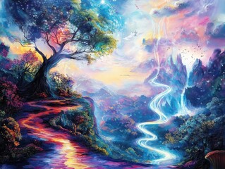 A vibrant, surreal landscape featuring a winding river, mystical trees, and colorful skies, evoking a sense of wonder and tranquility.