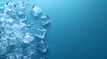 Fototapeta premium Light blue background with ice cubes, top view, mobile wallpaper, mobile phone screen wallpaper, minimalist design, high resolution, highly detailed, flat lay, flat background design