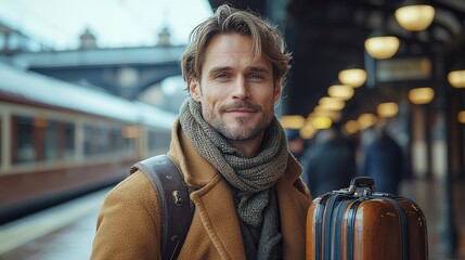 A smiling man with a suitcase stands at a train station, ready for travel.