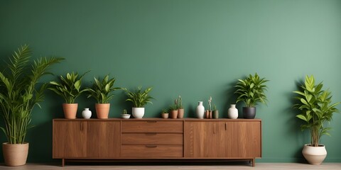 A modern wooden sideboard with cabinets against a green wall, decorated with potted plants and vases.