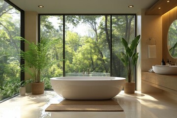 Fototapeta premium Luxury home bathroom interior with tub and shower, panoramic window, Generative AI