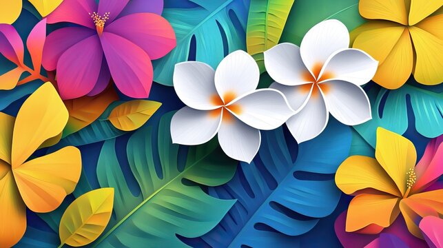 Elegant white petal flowers Vibrant tropical blooms with a unique color palette Plumeria in full bloom Tropical flowers with vibrant colors and elegant petals